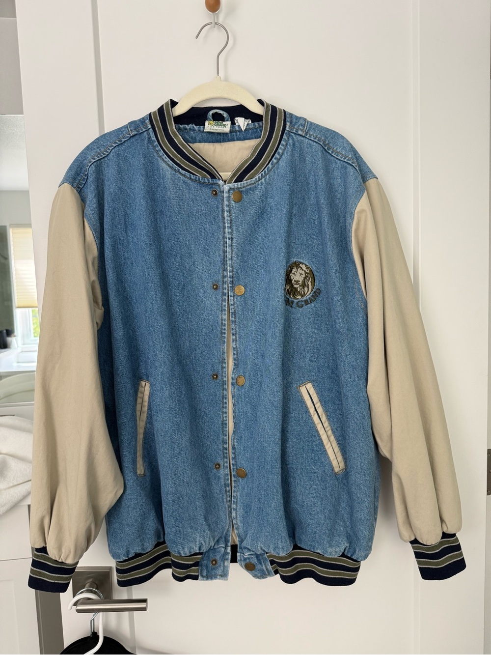 Men's Denim and Cream Varsity Bomber Jacket - MGM Grand